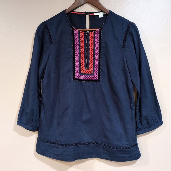Boden Embroidered Tunic Top Womens 6 Navy Blue 100% Cotton 3/4 Sleeve Loose Boho - Picture 1 of 11